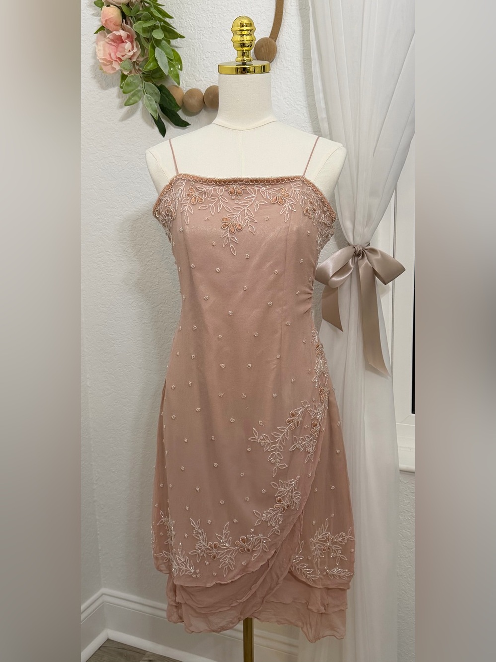 VTG Y2k 90s Scala Silk Beaded Slip Dress Mermaid Ruffle Gown Fairy Pink-L $798